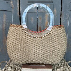Oscar de la Renta Natural Woven Rope Wicker Lucite Handle Tote Bag  NWOT